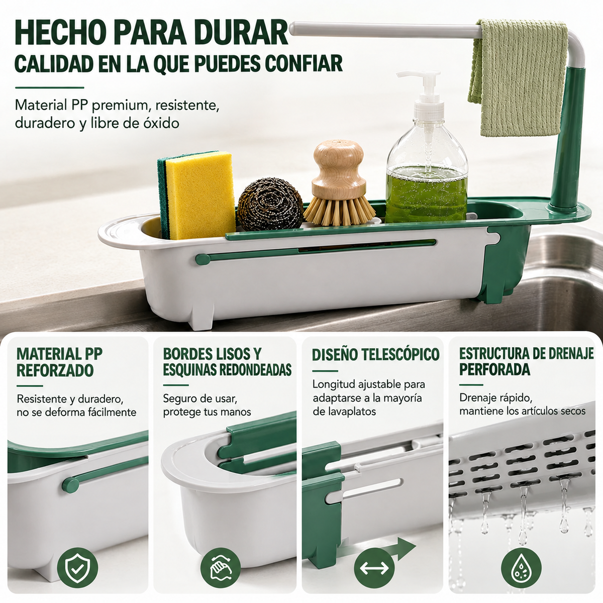 🔥✨ Organizador ajustable y telescópico para lavaplatos – escurre, seca y organiza