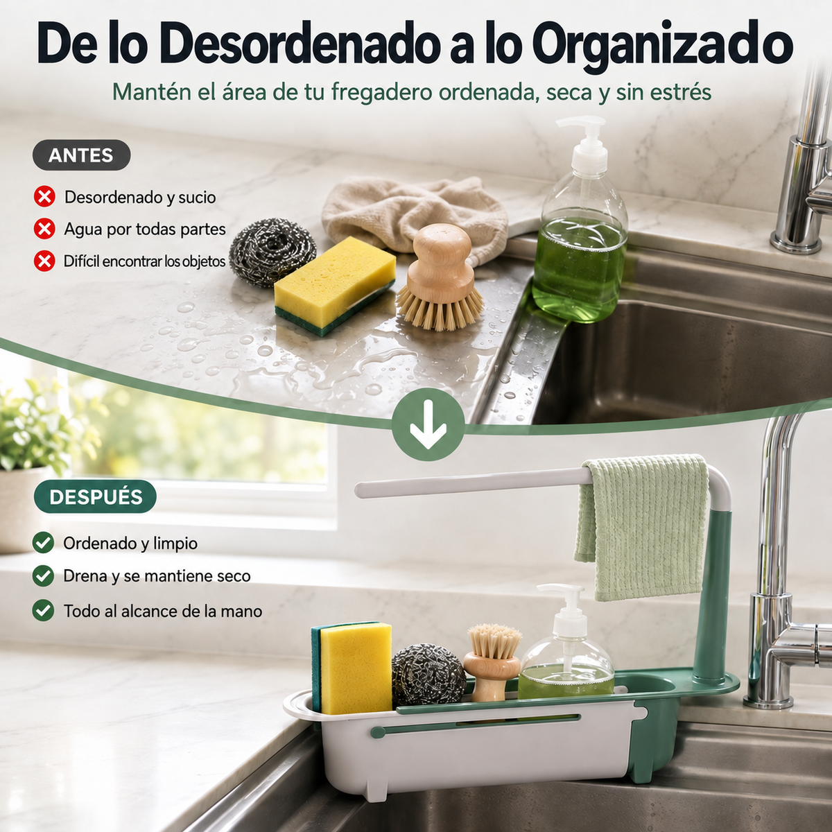 🔥✨ Organizador ajustable y telescópico para lavaplatos – escurre, seca y organiza