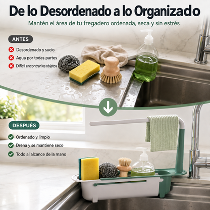 🔥✨ Organizador ajustable y telescópico para lavaplatos – escurre, seca y organiza